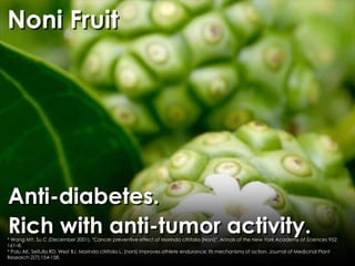 Noni Fruit




Anti-diabetes.
Rich with anti-tumor activity.
* Wang MY, Su C (December 2001). "Cancer preventive effect of Morinda citrifolia (Noni)". Annals of the New York Academy of Sciences 952:
161–8.
* Palu AK, Seifulla RD, West BJ. Morinda citrifolia L. (noni) improves athlete endurance: Its mechanisms of action. Journal of Medicinal Plant
Research 2(7):154-158.
 