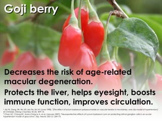 Goji berry




Decreases the risk of age-related
macular degeneration.
Protects the liver, helps eyesight, boosts
immune function, improves circulation.
* Jia YX, Dong JW, Wu XX, Ma TM, Shi AY (June 1998). "[The effect of lycium barbarum polysaccharide on vascular tension in two-kidney, one clip model of hypertension]"
(in Chinese). Sheng Li Xue Bao 50 (3): 309–14.
* Chan HC, Chang RC, Koon-Ching Ip A, et al. (January 2007). "Neuroprotective effects of Lycium barbarum Lynn on protecting retinal ganglion cells in an ocular
hypertension model of glaucoma". Exp. Neurol. 203 (1): 269–73.
 