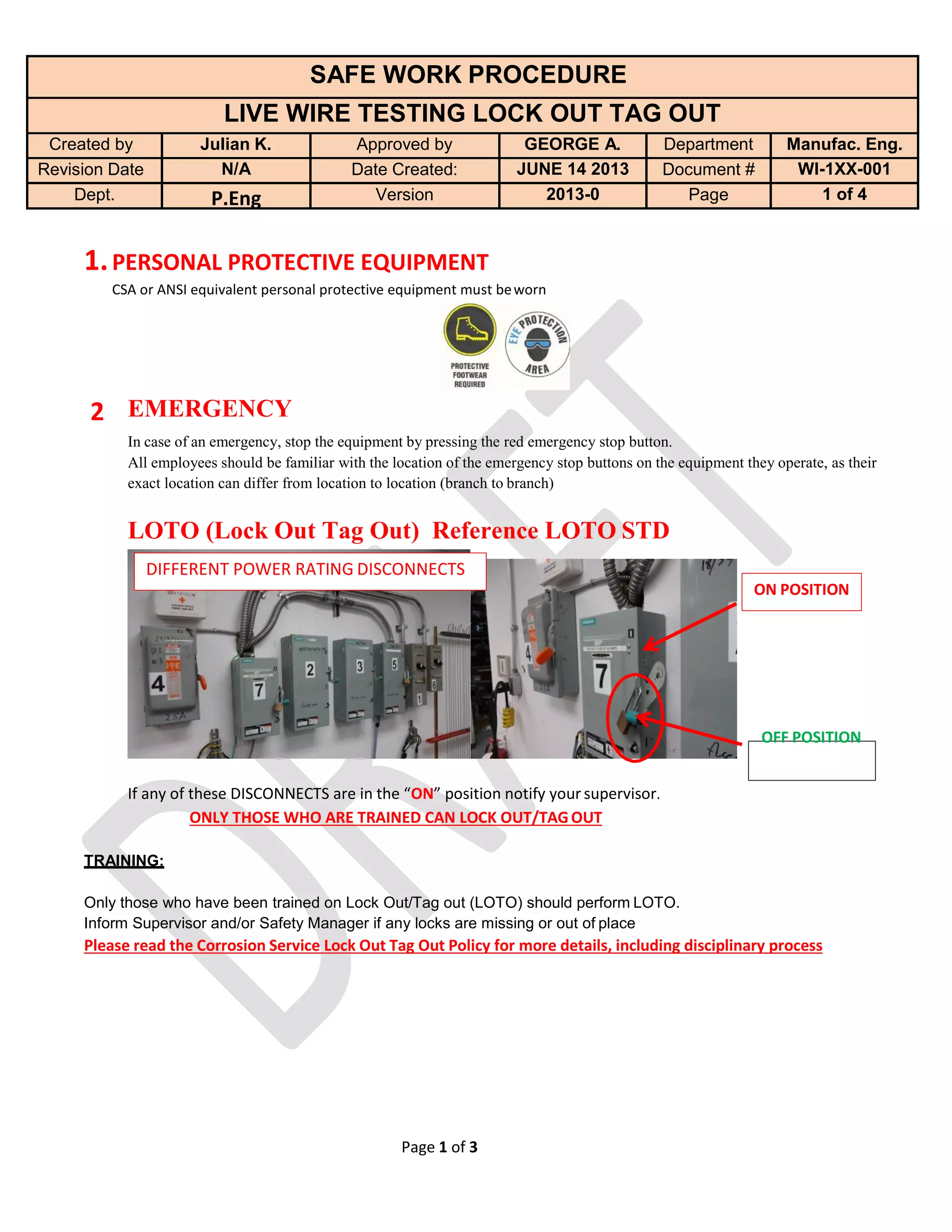 Live wire testing lock out tag out safe work procedure | PDF