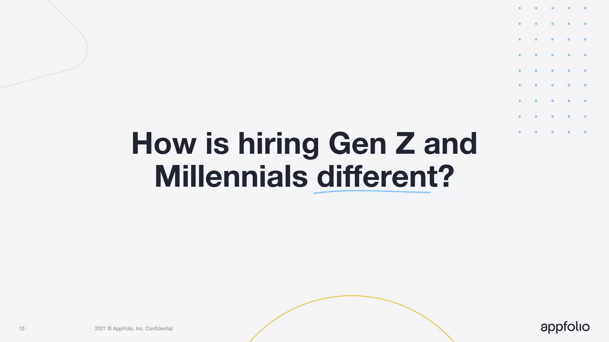 2021 © AppFolio, Inc. Conﬁdential
How is hiring Gen Z and
Millennials diﬀerent?
10
 