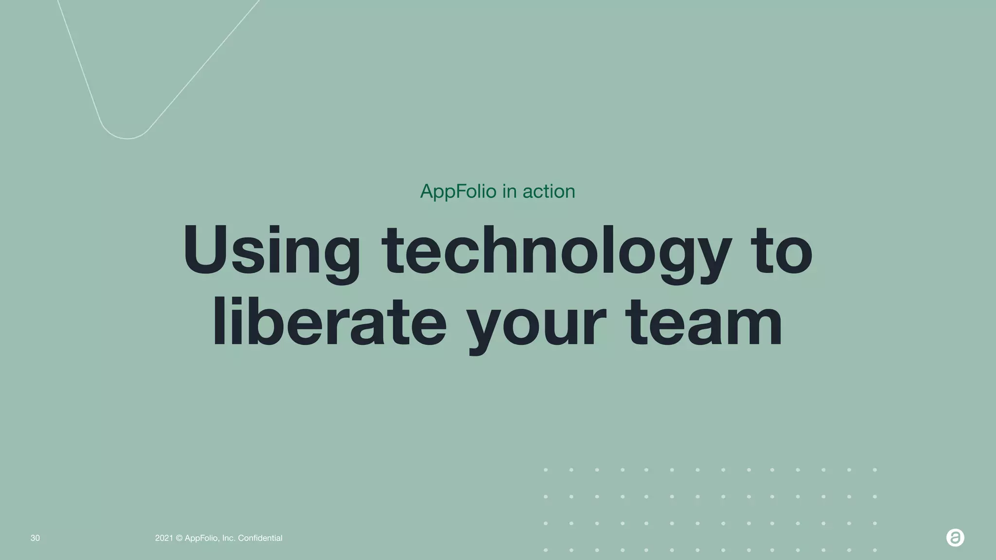 2021 © AppFolio, Inc. Conﬁdential
30
AppFolio in action
Using technology to
liberate your team
 