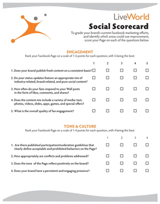 Social Scorecard
                                                   To grade your brand’s current Facebook marketing efforts,
                                                            and identify which areas could use improvement,
                                                             score your Page on each of the questions below.


                                               EngagEmEnt
            Rank your Facebook Page on a scale of 1-5 points for each question, with 5 being the best:

                                                                    1	        2	          3	         4	   5

1.	Does	your	brand	publish	fresh	content	on	a	consistent	basis?		

2.	Do	your	status	updates	feature	an	appropriate	mix	of			
					industry-related,	brand-related,	and	pure	social	content?

3.	How	often	do	your	fans	respond	to	your	Wall	posts	
					in	the	form	of	likes,	comments,	and	shares?

4.	Does	the	content	mix	include	a	variety	of	media:	text,		
					photos,	videos,	slides,	apps,	games,	and	special	offers?			

5.	What	is	the	overall	quality	of	fan	engagement?			




                                             tonE & CulturE
            Rank your Facebook Page on a scale of 1-4 points for each question, with 4 being the best:

                                                                              1           2          3    4

1.		Are	there	published	participation/moderation	guidelines	that	
					clearly	define	acceptable	and	prohibited	behaviors	on	the	Page?

2.	How	appropriately	are	conflicts	and	problems	addressed?	         	

3.	Does	the	tone		of	the	Page	reflect	positively	on	the	brand?		    	

4.	Does	your	brand	have	a	persistent	and	engaging	presence?		 	
 