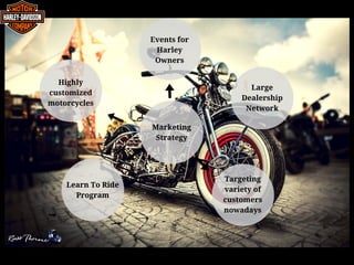 Marketing
Strategy
Events for
Harley
Owners
Large
Dealership
Network
Targeting
variety of
customers
nowadays
Learn To Ride
Program
Highly
customized
motorcycles
 
