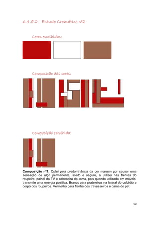 6.4.8.2 - Estudo Cromático nº2


      Cores escolhidas:




      Composição das cores:




      Composição escolhida:




Composição nº1: Optei pela predominância da cor marrom por causar uma
sensação de algo permanente, sólido e seguro, a utilizei nas frentes do
roupeiro, painel da TV e cabeceira da cama, pois quando utilizada em móveis,
transmite uma energia positiva. Branco para prateleiras na lateral do colchão e
corpo dos roupeiros. Vermelho para fronha dos travesseiros e cama do pet.




                                                                            50
 