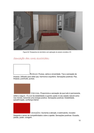 Figura 52: Perspectiva do dormitório com aplicação do estudo cromático nº2



Sensação das cores escolhidas:




                      Branco: Pureza, calma e sinceridade. Traz a sensação de
limpeza. Utilizado para obter paz, harmonia e equilíbrio. Sensações positivas: Paz,
limpeza, juventude, pureza.




                       Marrom: Proporciona a sensação de que tudo é permanente,
sólido e seguro. É a cor da estabilidade e quando usada no seu estado natural como
nos móveis, transmite uma energia positiva. Sensações positivas: Estabilidade,
autoafirmação, confiança interior.




                       Vermelho: Aumenta a atenção, é estimulante, inovador.
Desperta o senso de competitividade e abre o apetite. Sensações positivas: Ousadia,
paixão, poder, coragem.
                                                                                         52
 