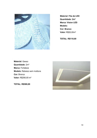 Material: Fita de LED
                              Quantidade: 2m²
                              Marca: Vision LED
                              Modelo:
                              Cor: Branco
                              Valor: R$55,00m²


                              TOTAL: R$110,00




Material: Gesso
Quantidade: 2m²
Marca: Fortaleza
Modelo: Rebaixo sem moldura
Cor: Branca
Valor: R$290,00 m²


TOTAL: R$580,00




                                                      54
 