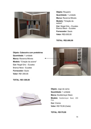 Objeto: Roupeiro
                                           Quantidade: 1 unidade
                                           Marca: Ravenna Móveis
                                           Modelo: *Criação da
                                           autora*
                                           Cor: Nogal Gris – Eucatex
                                           Branco Neve – Eucatex
                                           Fornecedor: Saulo
                                           Valor: R$3.000,00


                                           TOTAL: R$3.000,00




Objeto: Cabeceira com prateleiras
Quantidade: 1 unidade
Marca: Ravenna Móveis
Modelo: *Criação da autora*
Cor: Nogal Gris – Eucatex
Branco Neve - Eucatex
Fornecedor: Saulo
Valor: R$1.500,00


TOTAL: R$1.500,00



                                    Objeto: Jogo de cama
                                    Quantidade: 1 unidade
                                    Marca: Buddemeyer Basic
                                    Modelo: Buddemeyer Basic 200
                                    Fios
                                    Cor: Creme
                                    Valor: R$179,99 (Cada)


                                    TOTAL: R$179,99

                                                                   56
 