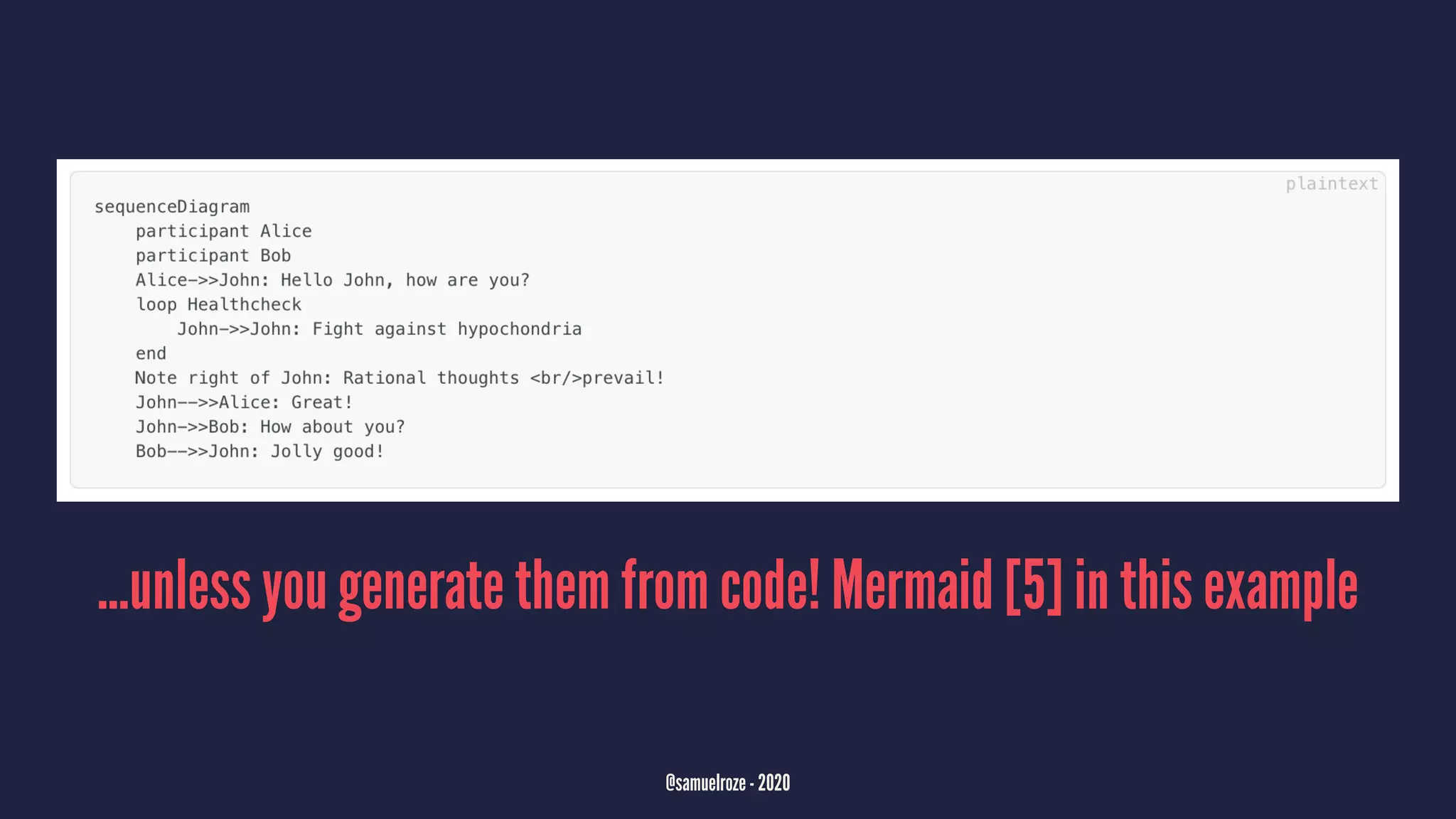 ...unless you generate them from code! Mermaid [5] in this example
@samuelroze - 2020
 