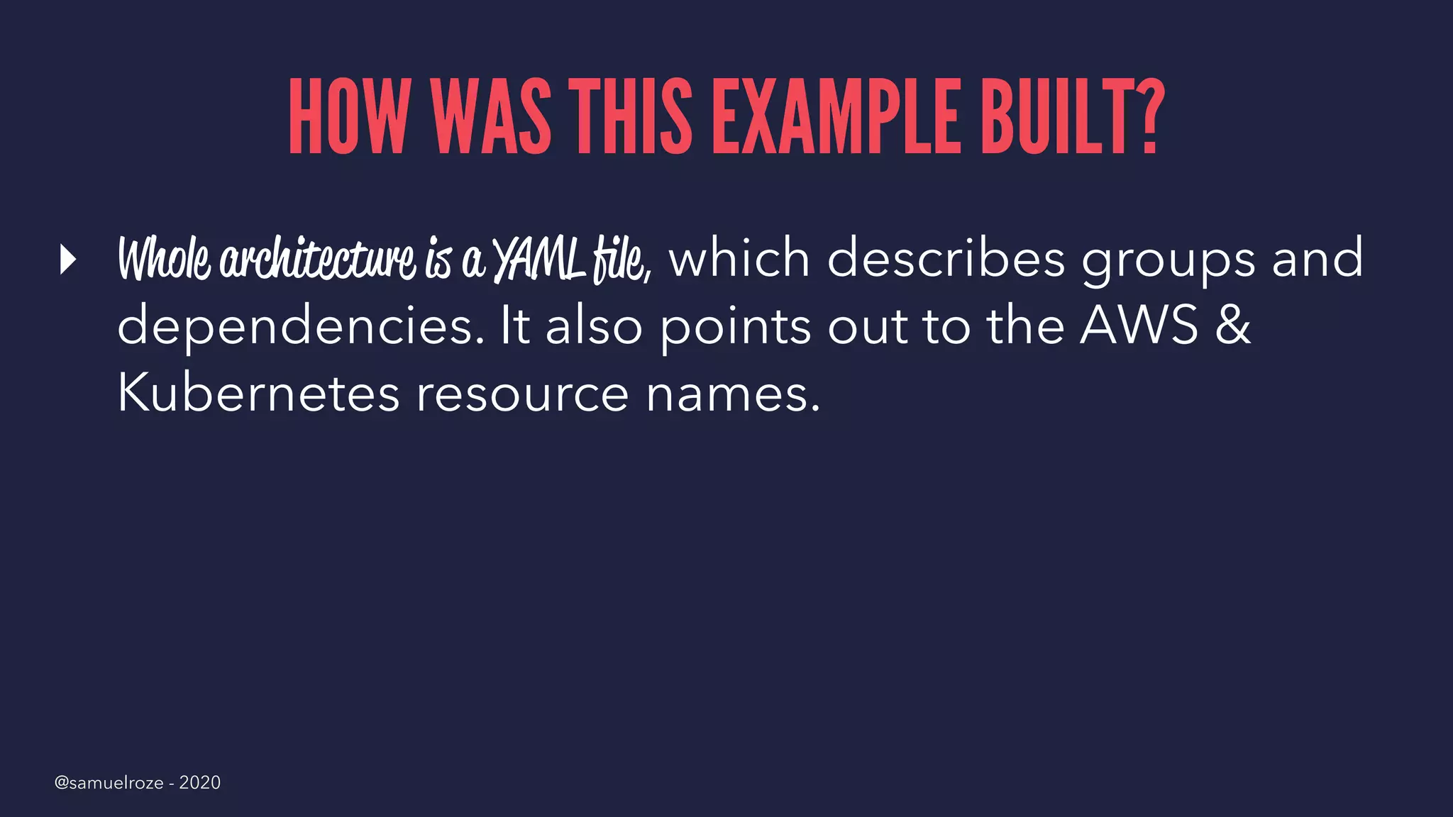 HOW WAS THIS EXAMPLE BUILT?
▸ Whole architecture is a YAML ﬁle, which describes groups and
dependencies. It also points out to the AWS &
Kubernetes resource names.
@samuelroze - 2020
 