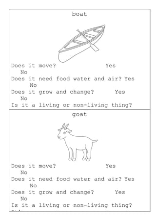 boat
Does it move? Yes
No
Does it need food water and air? Yes
No
Does it grow and change? Yes
No
Is it a living or non-living thing?
It’s a ………………………….goat
Does it move? Yes
No
Does it need food water and air? Yes
No
Does it grow and change? Yes
No
Is it a living or non-living thing?
It’s a ………………………….
 