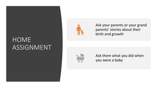 HOME
ASSIGNMENT
Ask your parents or your grand
parents' stories about their
birth and growth
Ask them what you did when
you were a baby
 