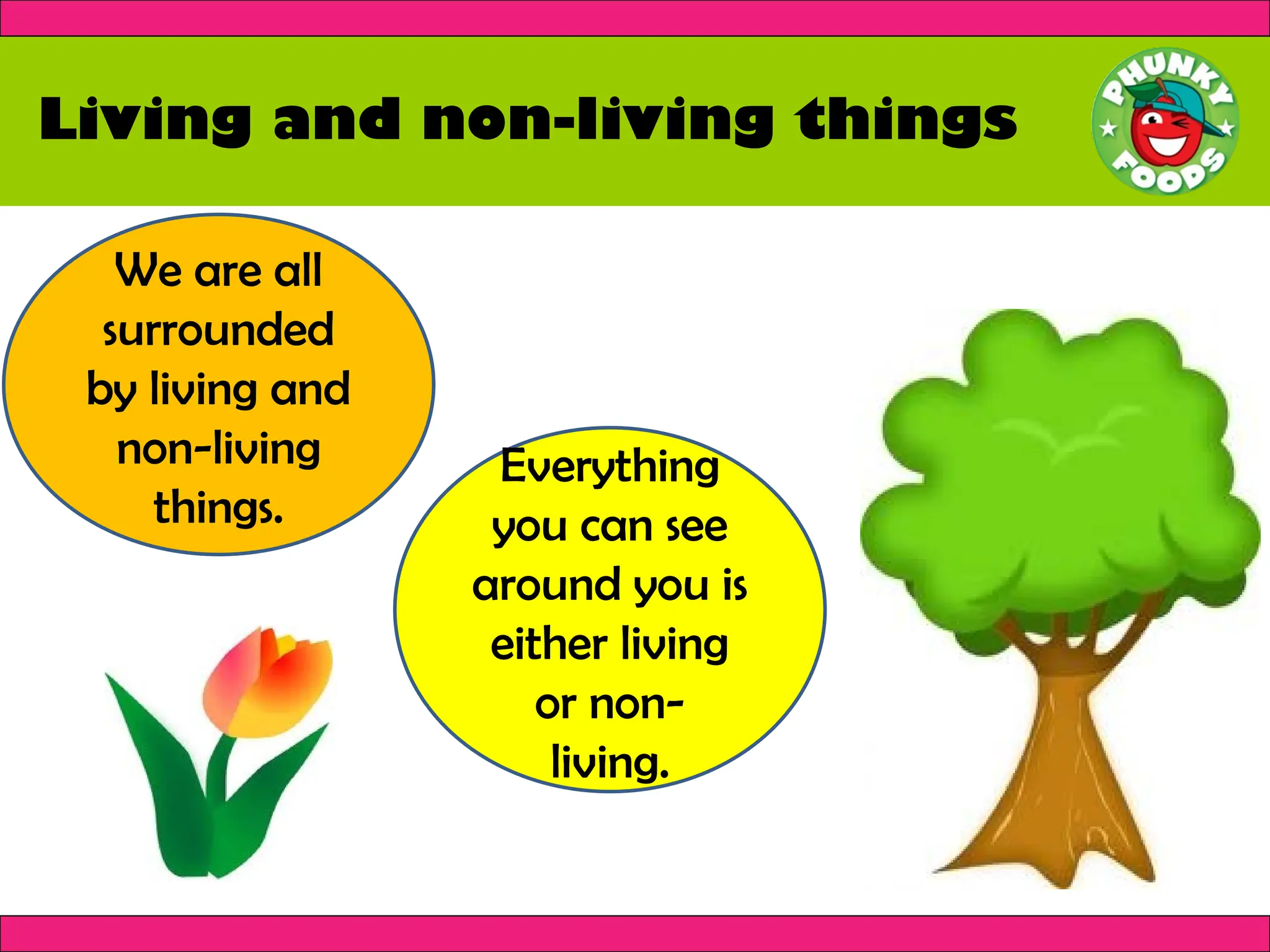Living and non-living things
We are all
surrounded
by living and
non-living
things.
Everything
you can see
around you is
either living
or non-
living.
