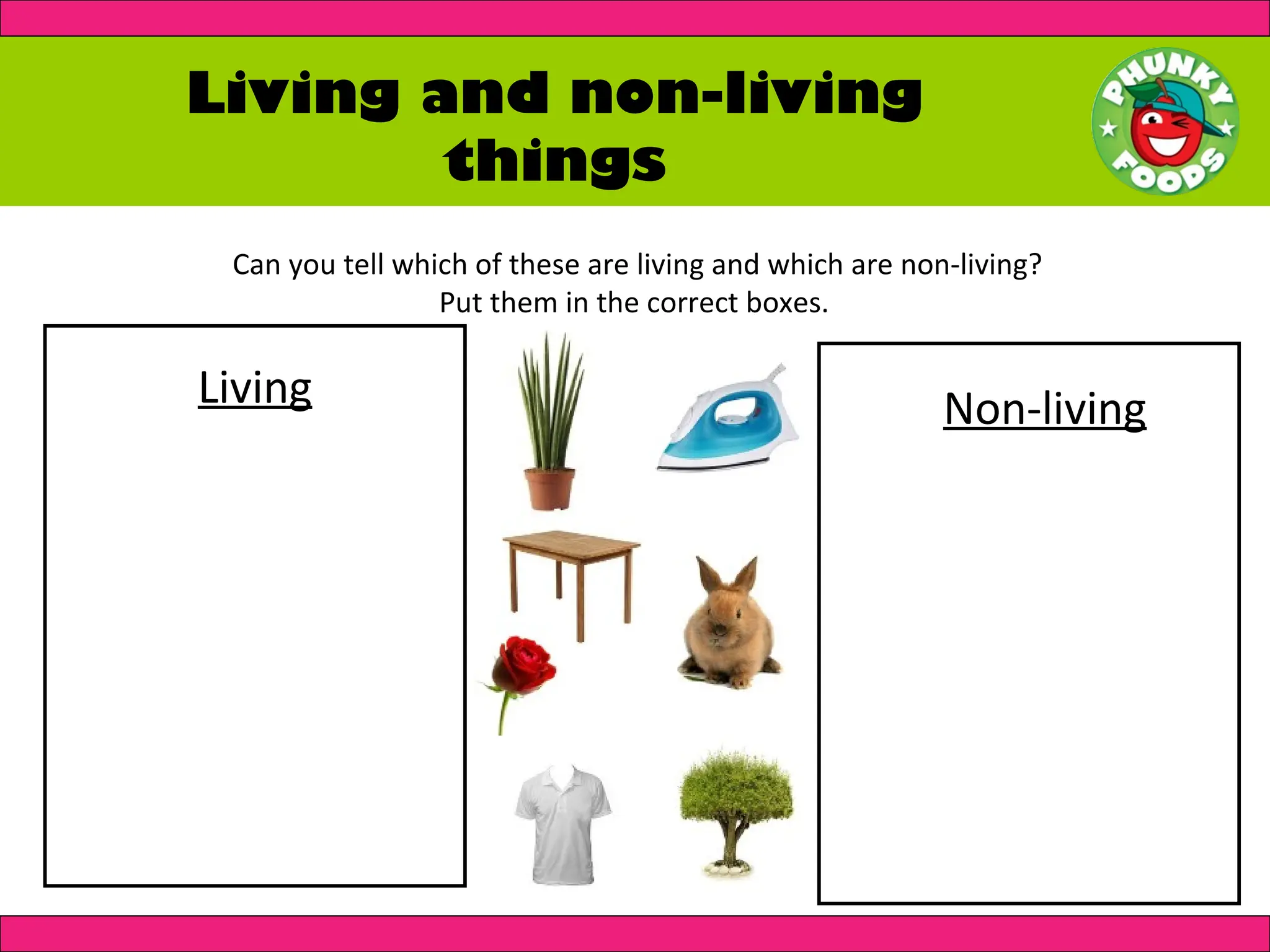 Living and non-living
things
Can you tell which of these are living and which are non-living?
Put them in the correct boxes.
Living Non-living