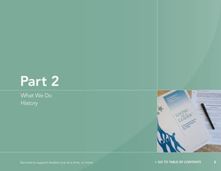 Part 2
What We Do
History




Services to support leaders one at a time, or more.   > GO TO TABLE OF CONTENTS   8
 