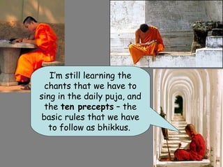 I’m still learning the
 chants that we have to
sing in the daily puja, and
 the ten precepts – the
basic rules that we have
  to follow as bhikkus.
 