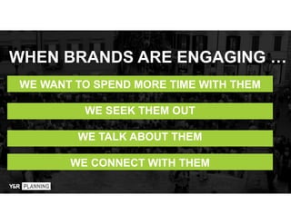 WHEN BRANDS ARE ENGAGING …
WE WANT TO SPEND MORE TIME WITH THEM
WE SEEK THEM OUT
WE TALK ABOUT THEM
WE CONNECT WITH THEM
 