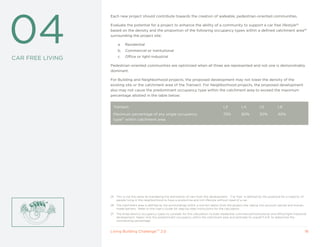 04
                  Each new project should contribute towards the creation of walkable, pedestrian-oriented communities.

                  Evaluate the potential for a project to enhance the ability of a community to support a car free lifestyle25
                  based on the density and the proportion of the following occupancy types within a defined catchment area26
                  surrounding the project site:

                       a.   Residential
                       b.   Commercial or institutional
                       c.   Office or light-industrial
CAR FREE LIVING
                  Pedestrian-oriented communities are optimized when all three are represented and not one is demonstrably
                  dominant.

                  For Building and Neighborhood projects, the proposed development may not lower the density of the
                  existing site or the catchment area of the Transect. For Neighborhood projects, the proposed development
                  also may not cause the predominant occupancy type within the catchment area to exceed the maximum
                  percentage allotted in the table below:


                    Transect                                                                         L3           L4            L5           L6

                    Maximum percentage of any single occupancy                                       70%          60%           50%          40%
                    type27 within catchment area




                  25 This is not the same as mandating the elimination of cars from the development. “Car free” is defined by the potential for a majority of
                     people living in the neighborhood to have a productive and rich lifestyle without need of a car.
                  26 The catchment area is defined as the surroundings within a one km radius from the project site, taking into account natural and human-
                     made barriers. Refer to the User’s Guide for step-by-step instructions for the calculation.
                  27 The three distinct occupancy types to consider for this calculation include residential, commercial/institutional, and office/light-industrial
                     development. Select only the predominant occupancy within the catchment area and estimate its overall F.A.R. to determine the
                     contributing percentage.


                  Living Building ChallengeTM 2.0                                                                                                                18
 