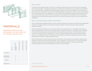PETAL INTENT

                                                                                                                   The intent of the Materials Petal is to induce a successful materials economy that is non-toxic, transparent
                                                                                                                   and socially equitable. Throughout their lifecycle, materials are responsible for many adverse environmental
                                                                                                                   issues including illness, squandered embodied energy, pollution, and resource depletion. The Imperatives in
                                                                                                                   this section aim to remove the worst known offending materials and practices. When impacts can be reduced
                                                                                                                   but not eliminated, there is an obligation not only to offset the damaging consequences associated with the
                                                                                                                   construction process, but also to strive for corrections in the industry. At the present time it is impossible
                                                                                                                   to gauge the true environmental impact and toxicity of the built environment due to a lack of product-level
                                                                                                                   information.

                                                                                                                   IDEAL CONDITIONS AND CURRENT LIMITATIONS

                                                                                                                   The Living Building Challenge envisions a future where all materials in the built environment are replenishable
                                                                                                                   and have no negative impact on human and ecosystem health. The precautionary principle guides all

MATERIALS                                                                                                          materials decisions.

                                                                                                                   There are significant limitations to achieving the ideal for the materials realm. The biggest shortcoming is
ENDORSING PRODUCTS AND                                                                                             due to the market itself. While there is a huge number of “green” products for sale, there is also a shortage
PROCESSES THAT ARE SAFE FOR                                                                                        of good data that really backs up manufacturer claims and provides consumers with the ability to make
                                                                                                                   conscious, informed choices. Transparency is vital; as a global community the only way we can transform
ALL SPECIES THROUGH TIME
                                                                                                                   into a truly sustainable society is through open communication and honest information sharing, yet many
                                                                                                                   manufacturers continue to make proprietary claims.

                                                                                                                   Product specification and purchase has far-reaching impacts, and consumers are starting to weigh these in
                                                                                                                   parallel with other more conventional attributes, such as aesthetics, function and cost. The ILBI recognizes
                                                                                            Conservation + Reuse
                                                                     Appropriate Sourcing
                                              Responsible Industry




                                                                                                                   the Pharos Project40 protocol developed by the Healthy Building Network as the best framework for
                            Embodied Carbon




                                                                                                                   evaluating materials and the most progressive tool for consumer benefit.
                            Footprint
                 Red List




 Renovation


 Landscape +
Infrastructure


  Building



Neighborhood                                                                                                       40 www.PharosProject.net


                                                                                                                   Living Building ChallengeTM 2.0                                                                                 28
 