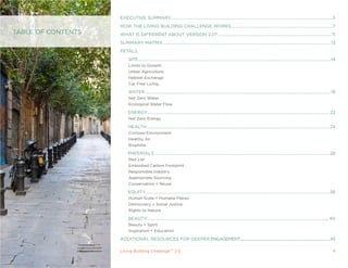 ExECUTIVE SUMMARy .....................................................................................................................................................5
                    HOW THE LIVING BUILDING CHALLENGE WORkS .............................................................................................7
TABLE OF CONTENTS   WHAT IS DIFFERENT ABOUT VERSION 2.0? ......................................................................................................... 11
                    SUMMARy MATRIx ........................................................................................................................................................... 13
                    PETALS
                          SITE .................................................................................................................................................................................. 14
                          Limits to Growth
                          Urban Agriculture
                          Habitat Exchange
                          Car Free Living

                          WATER ............................................................................................................................................................................ 19
                          Net Zero Water
                          Ecological Water Flow

                          ENERGy......................................................................................................................................................................... 22
                          Net Zero Energy

                          HEALTH ......................................................................................................................................................................... 24
                          Civilized Environment
                          Healthy Air
                          Biophilia

                          MATERIALS .................................................................................................................................................................. 28
                          Red List
                          Embodied Carbon Footprint
                          Responsible Industry
                          Appropriate Sourcing
                          Conservation + Reuse

                          EqUITy .......................................................................................................................................................................... 36
                          Human Scale + Humane Places
                          Democracy + Social Justice
                          Rights to Nature

                          BEAUTy .........................................................................................................................................................................40
                          Beauty + Spirit
                          Inspiration + Education

                    ADDITIONAL RESOURCES FOR DEEPER ENGAGEMENT....................................................................................................................43

                    Living Building ChallengeTM 2.0                                                                                                                                                              4
 