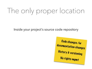 The only proper location
Inside your project's source code repository
Code changes /w
documentation changes
History & versioning
No rights mgmt
 