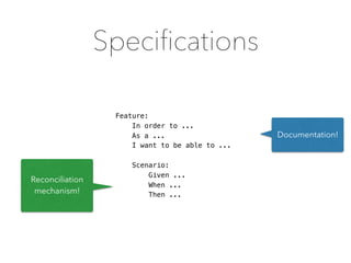 Speciﬁcations
Feature:
In order to ...
As a ...
I want to be able to ...
Scenario:
Given ...
When ...
Then ...
Documentation!
Reconciliation
mechanism!
 
