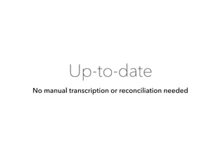 Up-to-date
No manual transcription or reconciliation needed
 