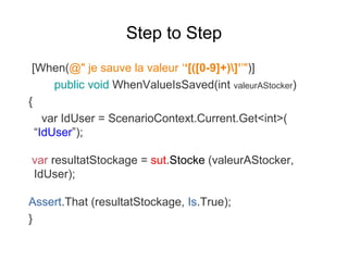 Step to Step
[When(@" je sauve la valeur ‘‘[([0-9]+)]’’")]
public void WhenValueIsSaved(int valeurAStocker)
{
var IdUser = ScenarioContext.Current.Get<int>(
“IdUser”);
var resultatStockage = sut.Stocke (valeurAStocker,
IdUser);
Assert.That (resultatStockage, Is.True);
}
 