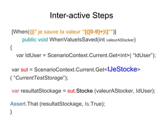 Inter-active Steps
[When(@" je sauve la valeur ‘‘[([0-9]+)]’’")]
public void WhenValueIsSaved(int valeurAStocker)
{
var IdUser = ScenarioContext.Current.Get<int>( “IdUser”);
var sut = ScenarioContext.Current.Get<IJeStocke>
( “CurrentTestStorage”);
var resultatStockage = sut.Stocke (valeurAStocker, IdUser);
Assert.That (resultatStockage, Is.True);
}
 
