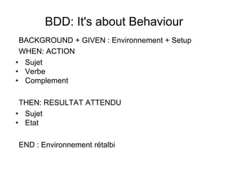 BDD: It's about Behaviour
BACKGROUND + GIVEN : Environnement + Setup
WHEN: ACTION
• Sujet
• Verbe
• Complement
THEN: RESULTAT ATTENDU
• Sujet
• Etat
END : Environnement rétalbi
 