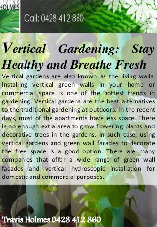 Vertical Gardening: Stay
Healthy and Breathe Fresh
Vertical gardens are also known as the living walls.
Installing vertical green walls in your home or
commercial space is one of the hottest trends in
gardening. Vertical gardens are the best alternatives
to the traditional gardening at outdoors. In the recent
days, most of the apartments have less space. There
is no enough extra area to grow flowering plants and
decorative trees in the gardens. In such case, using
vertical gardens and green wall facades to decorate
the free space is a good option. There are many
companies that offer a wide range of green wall
facades and vertical hydroscopic installation for
domestic and commercial purposes.
Travis Holmes 0428 412 860
 