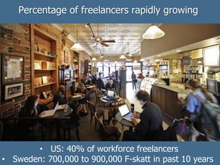 Percentage of freelancers rapidly growing
• US: 40% of workforce freelancers
• Sweden: 700,000 to 900,000 F-skatt in past 10 years
 