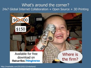 What’s around the corner?
24x7 Global Internet Collaboration + Open Source + 3D Printing
http://mashable.com/2013/02/13/robohand/
$60,000
$150
Available for free
download on
Where is
the firm?
 