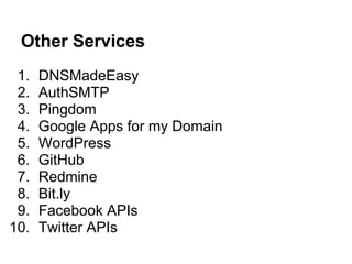 Other Services
 1.   DNSMadeEasy
 2.   AuthSMTP
 3.   Pingdom
 4.   Google Apps for my Domain
 5.   WordPress
 6.   GitHub
 7.   Redmine
 8.   Bit.ly
 9.   Facebook APIs
10.   Twitter APIs
 