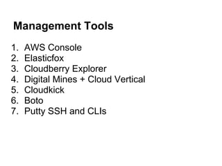 Management Tools
1.   AWS Console
2.   Elasticfox
3.   Cloudberry Explorer
4.   Digital Mines + Cloud Vertical
5.   Cloudkick
6.   Boto
7.   Putty SSH and CLIs
 
