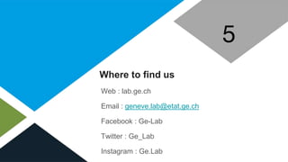 Where to find us
5
Web : lab.ge.ch
Email : geneve.lab@etat.ge.ch
Facebook : Ge-Lab
Twitter : Ge_Lab
Instagram : Ge.Lab
 