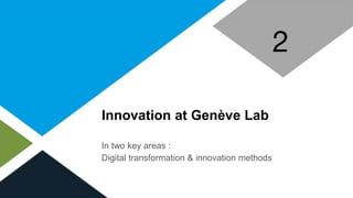 Innovation at Genève Lab
In two key areas :
Digital transformation & innovation methods
2
 