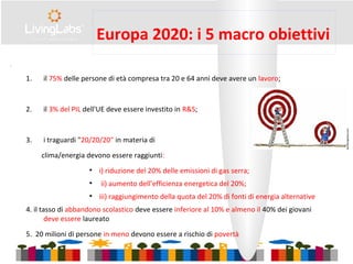 Europa 2020: i 5 macro obiettivi
•
1. il 75% delle persone di età compresa tra 20 e 64 anni deve avere un lavoro;
2. il 3% del PIL dell'UE deve essere investito in R&S;
3. i traguardi "20/20/20" in materia di
clima/energia devono essere raggiunti:
●
i) riduzione del 20% delle emissioni di gas serra;
●
ii) aumento dell’efficienza energetica del 20%;
●
iii) raggiungimento della quota del 20% di fonti di energia alternative
4. il tasso di abbandono scolastico deve essere inferiore al 10% e almeno il 40% dei giovani
deve essere laureato
5. 20 milioni di persone in meno devono essere a rischio di povertà
 