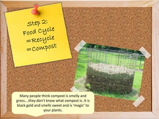 Many people think compost is smelly and
gross….they don’t know what compost is. It is
black gold and smells sweet and is ‘magic’ to
your plants.
 