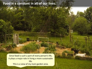 Food is a constant in all of our lives.
Since food is such a part of every person’s life,
it plays a major role in living a more sustainable
life.
This is a view of my main garden area.
 