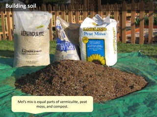 Building soil
Mel’s mix is equal parts of vermiculite, peat
moss, and compost.
 