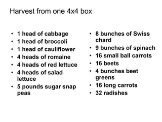 Harvest from one 4x4 box
• 1 head of cabbage
• 1 head of broccoli
• 1 head of cauliflower
• 4 heads of romaine
• 4 heads of red lettuce
• 4 heads of salad
lettuce
• 5 pounds sugar snap
peas
• 8 bunches of Swiss
chard
• 9 bunches of spinach
• 16 small ball carrots
• 16 beets
• 4 bunches beet
greens
• 16 long carrots
• 32 radishes
 