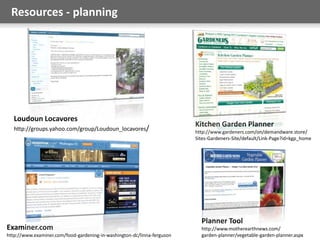 Simplify! Create positive first impression
Relate to target segments Provide top tasks up front
Resources - planning
Loudoun Locavores
http://groups.yahoo.com/group/Loudoun_locavores/
Kitchen Garden Planner
http://www.gardeners.com/on/demandware.store/
Sites-Gardeners-Site/default/Link-Page?id=kgp_home
Planner Tool
http://www.motherearthnews.com/
garden-planner/vegetable-garden-planner.aspx
Examiner.com
http://www.examiner.com/food-gardening-in-washington-dc/linna-ferguson
 