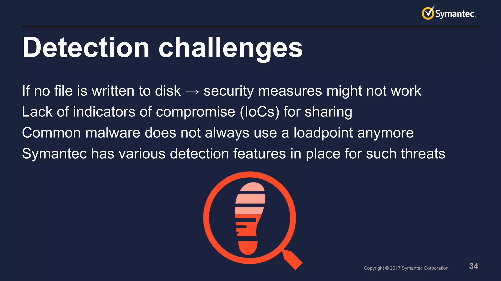 34Copyright © 2017 Symantec Corporation
If no file is written to disk → security measures might not work
Lack of indicators of compromise (IoCs) for sharing
Common malware does not always use a loadpoint anymore
Symantec has various detection features in place for such threats
Detection challenges
 