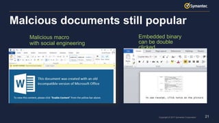 21Copyright © 2017 Symantec Corporation
Malicious macro
with social engineering
Malcious documents still popular
21
Embedded binary
can be double
clicked
 