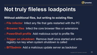33Copyright © 2017 Symantec Corporation
Without additional files, but writing to existing files
o File infector Infect any file that gets restarted with the PC
o Browser files Infect the core browser files or extensions
o PowerShell profile Add malicious script to profile file
o Trigger on shutdown Remove itself once started and write
registry run key when system shutdown is called
o BITSadmin Add a malicious update server as backdoor
Not truly fileless loadpoints
 