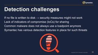 34Copyright © 2017 Symantec Corporation
If no file is written to disk → security measures might not work
Lack of indicators of compromise (IoCs) for sharing
Common malware does not always use a loadpoint anymore
Symantec has various detection features in place for such threats
Detection challenges
 