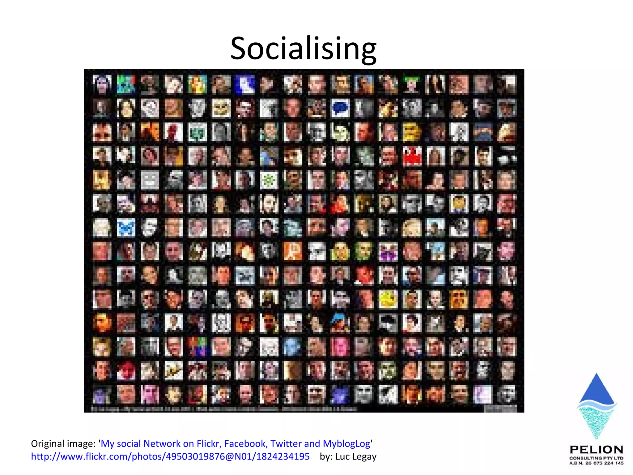 Socialising Original image: ' My social Network on Flickr, Facebook, Twitter and MyblogLog '  http://www.flickr.com/photos/49503019876@N01/1824234195   by: Luc Legay 