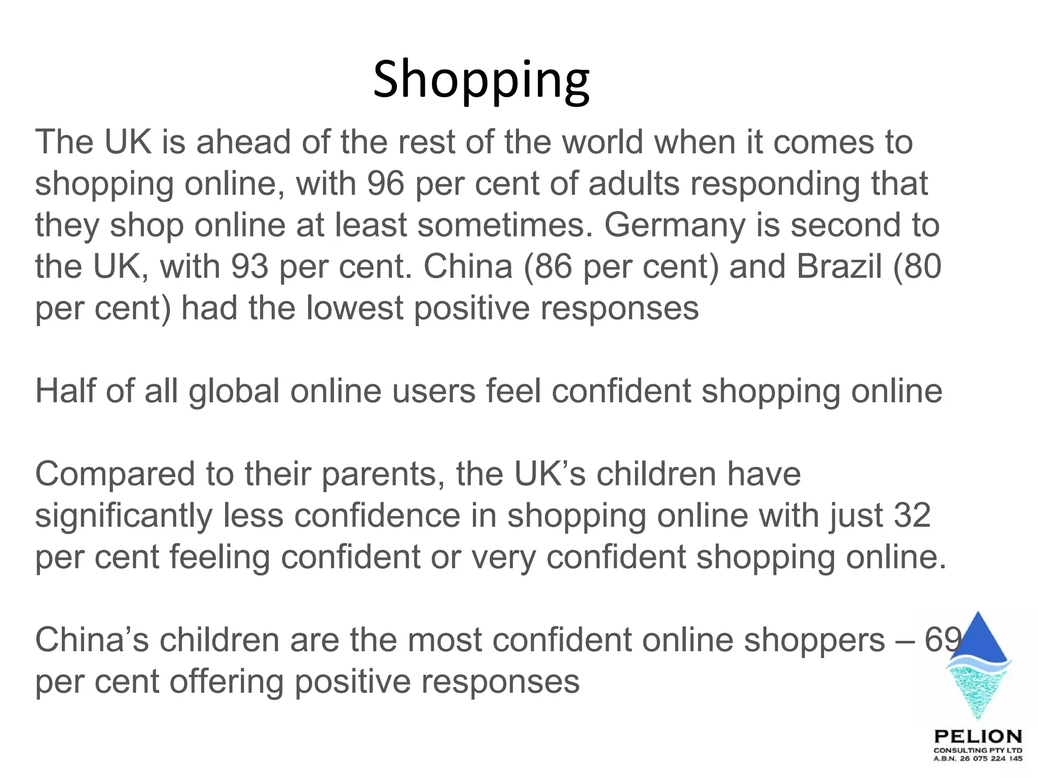 Shopping The UK is ahead of the rest of the world when it comes to shopping online, with 96 per cent of adults responding that they shop online at least sometimes. Germany is second to the UK, with 93 per cent. China (86 per cent) and Brazil (80 per cent) had the lowest positive responses  Half of all global online users feel confident shopping online  Compared to their parents, the UK’s children have significantly less confidence in shopping online with just 32 per cent feeling confident or very confident shopping online.  China’s children are the most confident online shoppers – 69 per cent offering positive responses  