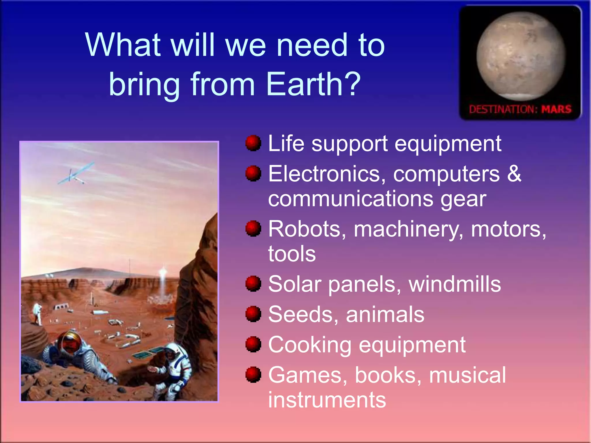 What will we need to
bring from Earth?
Life support equipment
Electronics, computers &
communications gear
Robots, machinery, motors,
tools
Solar panels, windmills
Seeds, animals
Cooking equipment
Games, books, musical
instruments
 